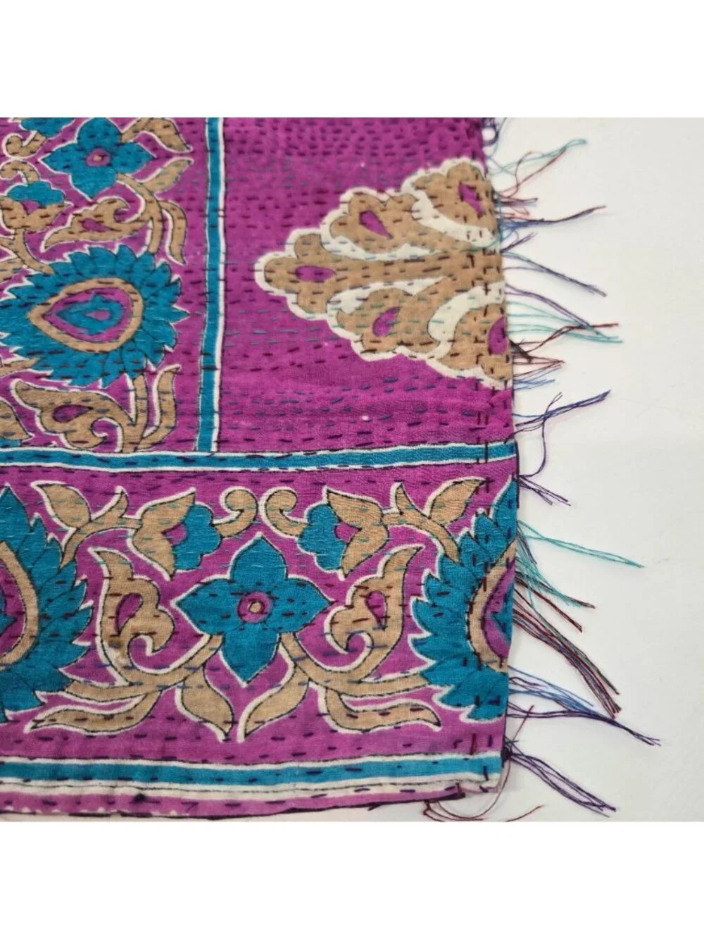 Mieko Mintz Purple & White Hand Stitched Floral Kantha Fabric Scarf Shawl Cotton